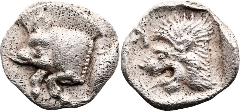 MYSIA. Kyzikos. (Circa 450-400 BC)
AR Obol (10mm 0.78g)
Obv: Forepart of boar ...