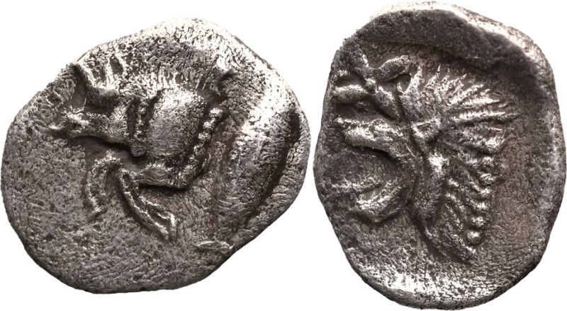 MYSIA. Kyzikos. (Circa 450-400 BC).
AR Hemiobol (9.2mm 0.37g)
Obv: Forepart of...