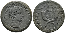 Tiberius (14-37 AD). Commagene
AE Bronze (30.2mm 14.36g)
Obv: TI CAESAR DIVI AVGVSTI F AVGVSTVS. Laureate head right.
Rev: PONT MAXIM COS III IMP V...