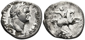 Domitian, Caesar (69-81 AD). Rome.
AR Denarius (17.8mm 2.32g)
Obv: CAESAR AVG F DOMITIANVS. Laureate head of Domitian, right.
Rev: COS V. Warrior r...