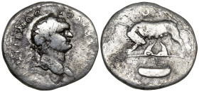 Domitian, as Caesar (69-81 AD). Rome
AR Denarius (16.9mm 2.82g)
Obv: CAESAR AVG F DOMITIANVS. Laureate head to right
Rev: COS V. She-wolf to left, ...