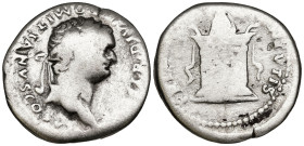 Domitian as Caesar (69-81 AD). Rome
AR Denarius (17.5mm 3.03g)
Obv: Head of Domitian, laureate, right.
Rev: Altar garlanded and lighted, horns left...