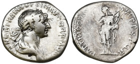 Trajan (98-117 AD). Rome
AR Denarius (16.9mm 3.23g)
Obv: IMP CAES NER TRAIAN OPTIM AVG GERM DAC. Laureate and draped bust to right
Rev: Felicitas s...