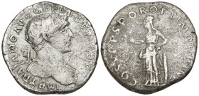Trajan (98-117 AD). Rome
AR Denarius (18.2mm 2.99g)
Obv: IMP TRAIANO AVG GER DAC P M TR P. Laureate bust right, with slight drapery.
Rev: COS V P P...