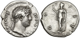 Hadrian (117-138 AD). Rome
AR Denarius (18mm 3g)
Obv: HADRIANVS AVGVSTVS. Laureate head of Hadrian to right, with slight drapery on his left shoulde...