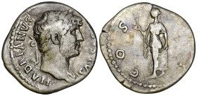 Hadrian (117-138 AD). Rome
AR Denarius (17.8mm 3.08g)
Obv: HADRIANVS AVGVSTVS Laureate head of Hadrian to right, with slight drapery on his left sho...