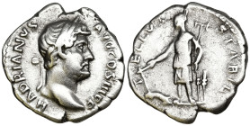 Hadrian (117-138 AD). Rome.
AR Denarius (18.5mm 3.21g)
Obv: HADRIANVS AVG COS III P P Laureate head of Hadrian to right.
Rev: TELLVS STABIL Tellus ...