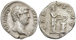 Hadrian (117-18 AD). Rome
AR Denarius (16.9mm 3.08g)
Obv: HADRIANVS AVG COS III P P. Bare head to right
Rev: SALVS AVG. Salus standing to right, fe...
