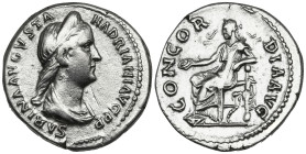 Sabina, Augusta (128-136/7 AD). Rome
AR Denarius (18.6mm 3.42g)
Obv: SABINA AVGVSTA HADRIANI AVG P P. Bust of Sabina, draped, right.
Rev: CONCORDIA...