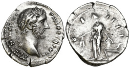 Antoninus Pius (138-161 AD). Rome
AR Denarius (18.9mm 2.94g)
Obv: ANTONINVS AVG PIVS P P TR P XVI. Laureate head of Antoninus Pius to right.
Rev: C...