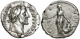 Antoninus Pius (138-161 AD). Rome
AR Denarius (17.5mm 3.41g)
Obv: ANTONINVS AVG PIVS P P TR P XVI. Laureate head of Antoninus Pius to right.
Rev: C...