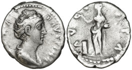 Diva Faustina I (wife of A. Pius) (After 141 AD). Rome
AR Denarius (16.5mm 2.89g)
Obv: DIVA FAVSTINA,. Draped bust to right
Rev: AVGVSTA. Vesta, ve...