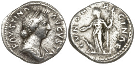 Faustina II (147-175 AD). Rome
AR Denarius (17.2mm 3g)
Obv: FAVSTINA AVGVSTA. Draped bust right, wearing single circlet of pearls
Rev. IVNONI REGIN...