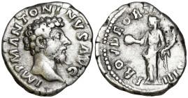 Marcus Aurelius, (161-180 AD). Rome
AR Denarius (17.6mm .06g)
Obv: IMP M ANTONINVS AVG. Laureate head right.
Rev: PROV DEOR [?] COS III. Providenti...