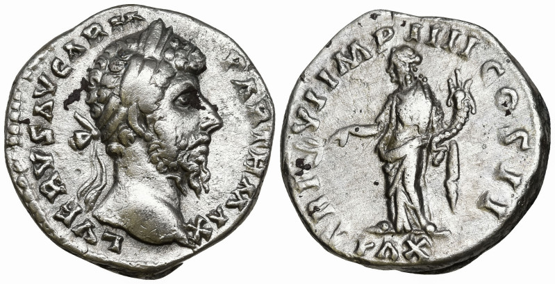 Lucius Verus (161-169 AD). Rome
AR Denarius (17.3mm 3.32)
Obv: L VERVS AVG ARM...