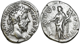 Marcus Aurelius (161-180 AD). Rome
AR Denarius (17.8mm 3.37)
Obv: M ANTONINVS AVG TR P XXVI. Laureate head right.
Rev: IMP VI COS III. Aequitas sta...