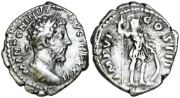 Marcus Aurelius (161-180 AD). Rome
AR Denarius (19mm 3.32g)
Obv: M ANTONINVS AVG TR P XXVI. Laureate head to right
Rev: IMP VI COS III. Mars standi...