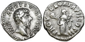 Lucius Verus (161-169 AD). Rome
AR Denarius (18mm 3.26g)
Obv: IMP L AVREL VERVS AVG .Bare head to right
Rev: PROV DEOR TR P II COS II. Providentia ...