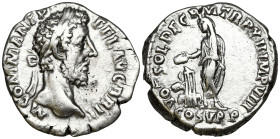 Commodus (177-192 AD). Rome
AR Denarius (18.4mm 3.45g)
Obv: M COMM ANT P FEL AVG BRIT. Laureate head to right
Rev: VOT SOL DEC P M TR P XII IMP VII...
