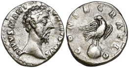 Divus Marcus Aurelius (Died 180 AD). Rome
AR Denarius (17.6mm 3.57g)
Obv: DIVVS M ANTONINVS PIVS. Bare head right.
Rev: CONSECRATIO. Eagle standing...