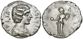 Julia Domna, Augusta (193-217 AD). Alexandria mint. Struck under Septimius Severus, 195 AD.
AR Denarius (17.6mm 2.75g)
Obv: IVLIA AVGVSTA, draped bu...