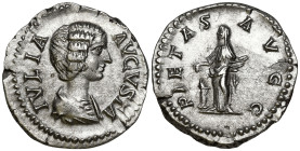 Julia Domna (193-211 AD). Rome
AR Denarius (19.3mm 3.22g)
Obv: IVLIA AVGVSTA, draped bust to right
Rev: PIETAS AVGG, Pietas standing facing, head t...