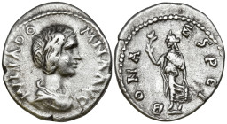 Julia Domna, Augusta (193-217 AD). Laodicea ad Mare
AR Denarius (18mm 2.68g)
Obv: IVLIA DOMNA AVG. Draped bust right
Rev: BONAE SPEI. Spes, draped,...