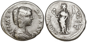 Julia Domna, Augusta (193-217 AD). Laodicea ad Mare
AR Denarius (17mm 2.73g)
Obv: IVLIA DOMNA AVG. Draped bust right.
Rev: VENER VICT. Venus standi...