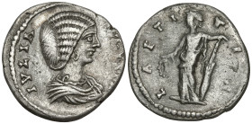 Julia Domna, Augusta (193-217 AD). Laodicea.
AR Denarius (18.3mm 2.82g)
Obv: IVLIA AVGVSTA Draped bust of Julia Domna to right.
Rev: LAETITIA Laeti...