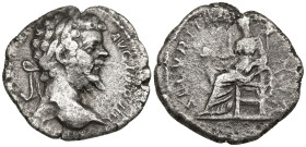 Septimius Severus (193-211 AD). Rome
AR Denarius (17.7mm 2.61g)
Obv: Laureate head of Septimius right.
Rev: Securitas seated left, holding globe in...