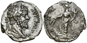 Septimius Severus (193-211 AD). Rome
AR Denarius (17.1mm 2.32g)
Obv: Laureate head to right
Rev: Annona standing to left, foot on prow, holding cor...