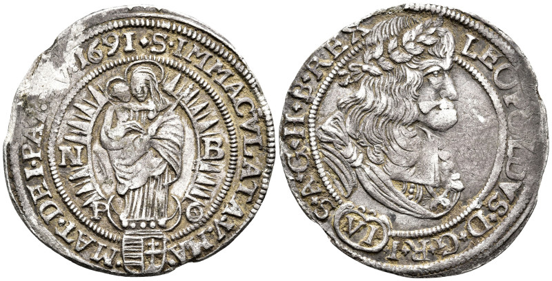 Leopold I (1658-1705 AD). Nagybánya
AR 6 Kreuzer 1691 (26.6mm 2.56g)
Obv: LEOP...