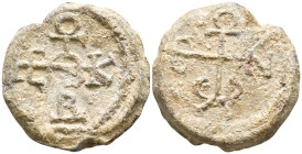Byzantine Lead Seal
Constantine (7th century)
Obv: Cruciform invocative monogram (type I).
Θεοτόκε βοήθει
Rev: Cruciform monogram. Indeterminate b...