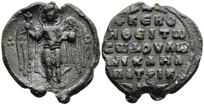 Byzantine Lead Seal of Michael
Obv: St. Michael standing in military dress, hol...