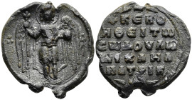 Byzantine Lead Seal of Michael
Obv: St. Michael standing in military dress, holding scepter with trefoil ornament and globus
Rev: + ΚΕRO / ΗΘΕΙ TⲰ /...