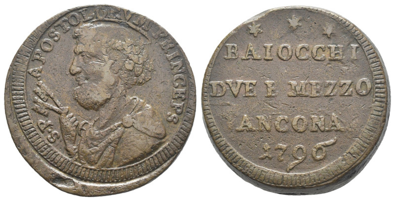 Pio VI (1775-1799) - Sanpietrino - Due Baiocchi e Mezzo - Ancona - 1796 - gr. 18...