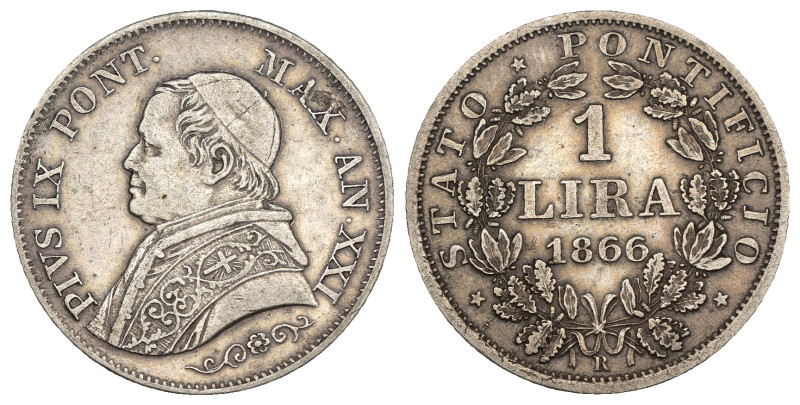 Stato Pontificio - Roma - Pio IX (1846-1870) 1 Lira 1866 A.XXI - II°Tipo "Busto ...