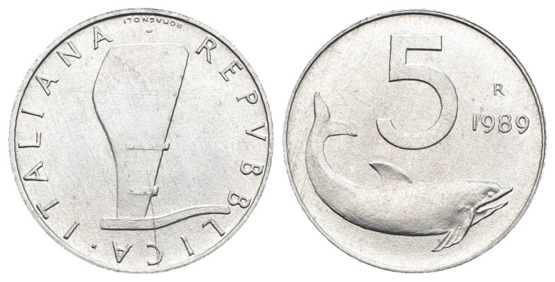 Monetazione in lire (1946-2001) - 5 Lire Delfino 1989 - timone rovesciato - Giga...