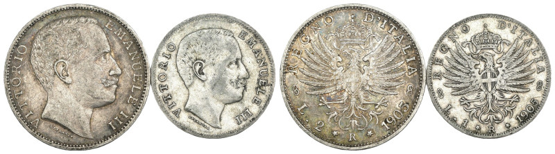 Vittorio Emanuele III (1900-1943) - Lotto di 2 monete; 2 lire 1905 Aquila Sabaud...