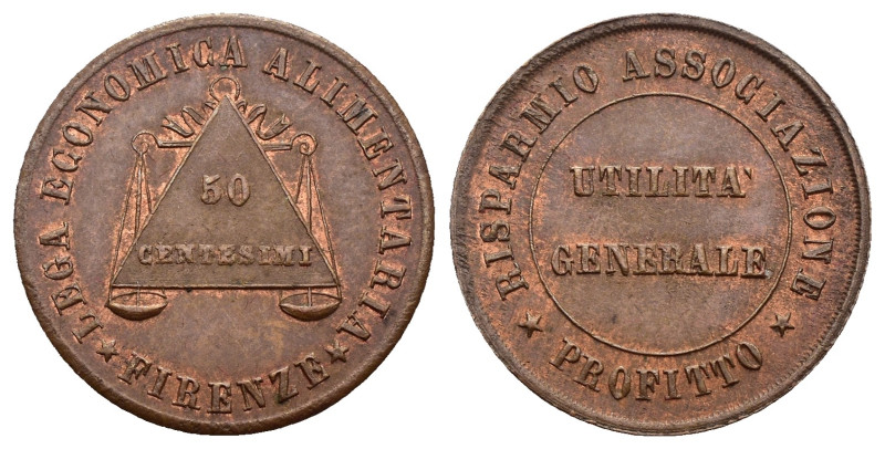 Gettone da 50 Centesimi Lega Economica Alimentaria Firenze (1866 - 1871) - Cu - ...