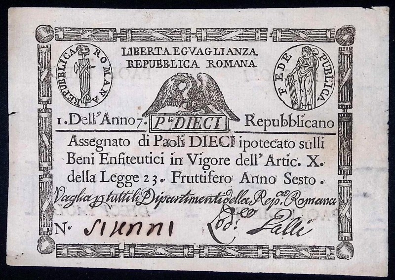 Stato Pontificio - Repubblica Romana - Assegnati (1798) - 10 Paoli anno 7 (retro...