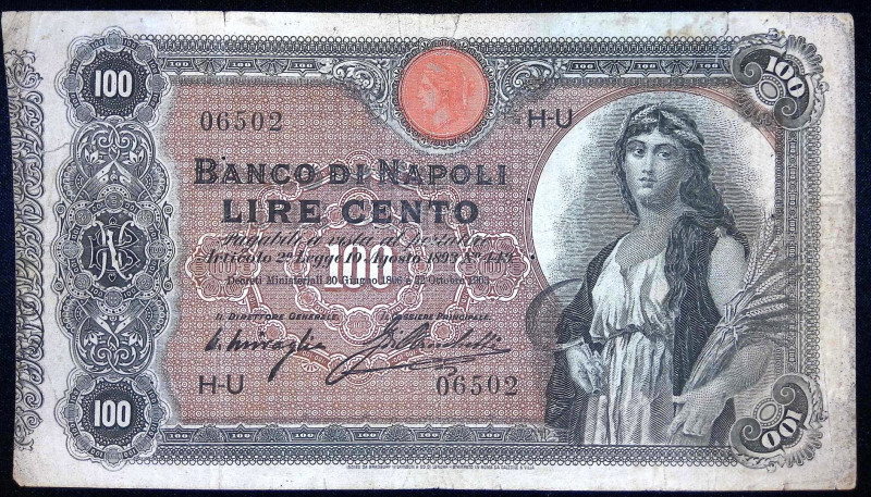 Banco di Napoli - 100 Lire Agricoltura - 22/10/1903 - RARISSIMA (R3) - Gig. (Bug...