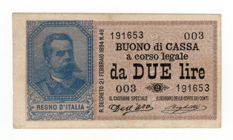 Regno d'Italia - Buono di Cassa da 2 Lire "Effige Umberto I" - Firme: Dell'Ara/R...