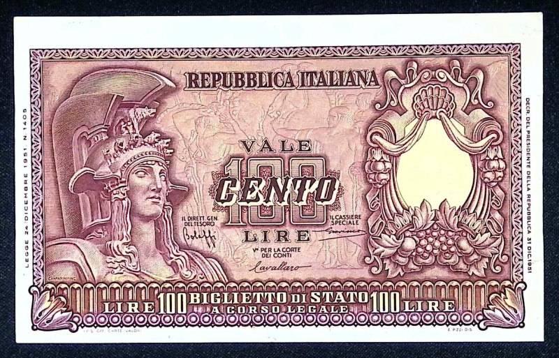 Repubblica Italiana - 100 Lire Italia Elmata - 31/12/1951 - Gig. (Bugani) BS 24A...