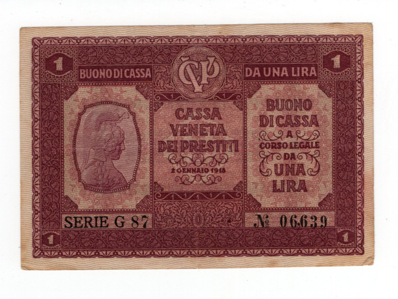 Colonie e Occupazioni - Cassa Veneta dei Prestiti (1918) - 1 Lira 02/01/1918 - G...