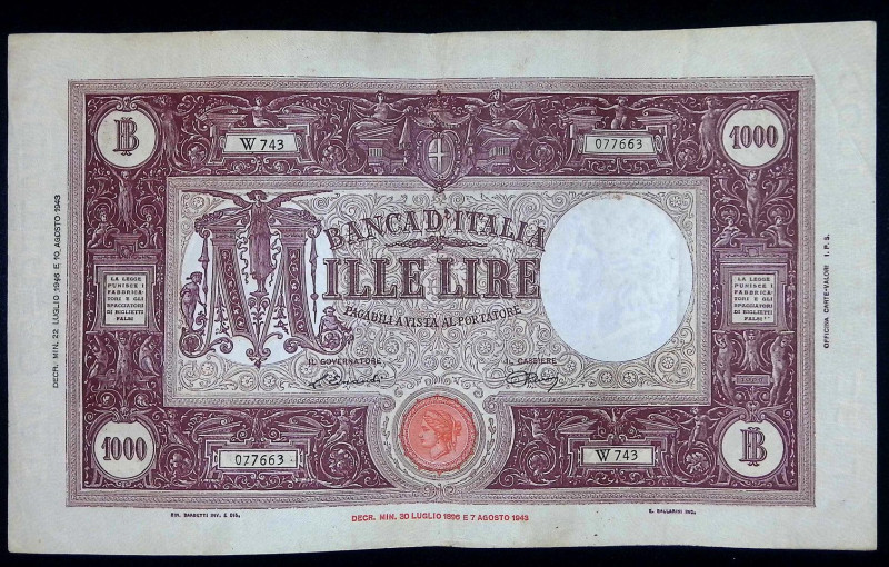 Repubblica Italiana - 1000 Lire Grande M (B.I.) - 22/07/1946 - Gig. (Bugani) BI ...