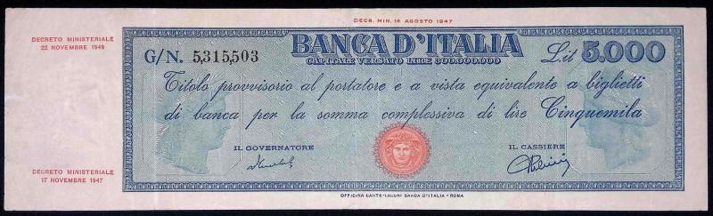 Repubblica Italiana - 5.000 Lire Titolo Provvisorio (Medusa) - 22/11/1949 - Gig....