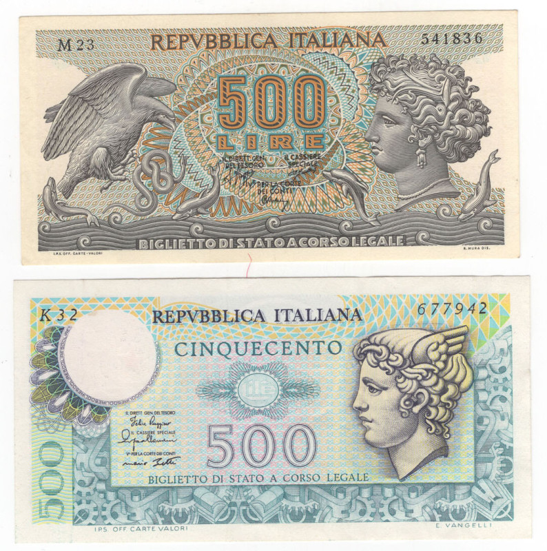 Repubblica Italiana - Lotto di 2 banconote da 500 lire "Aretusa" e 500 lire "Mer...