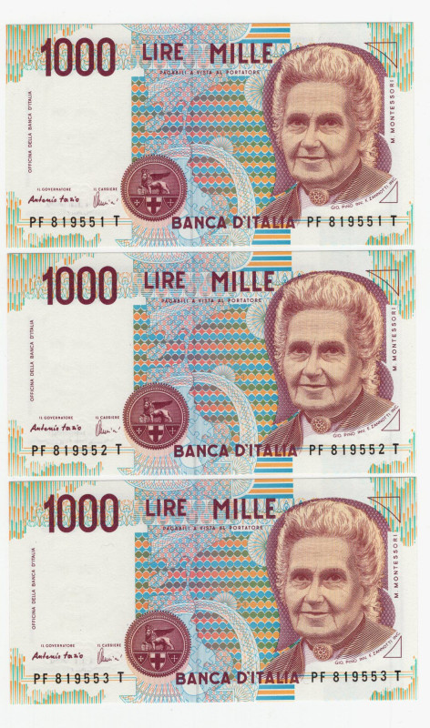 Repubblica Italiana - Lotto n.3 banconote - 1000 Lire "Montessori" - Firme: Fazi...