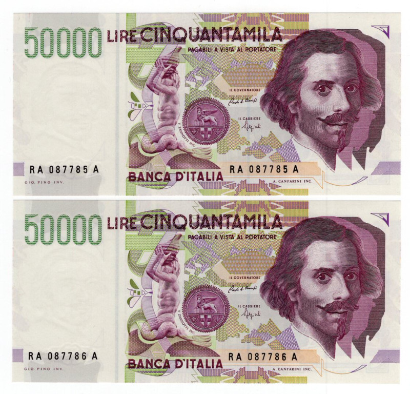 Repubblica Italiana - Lotto n.2 banconote - 50.000 Lire "Bernini" II°Tipo - Firm...